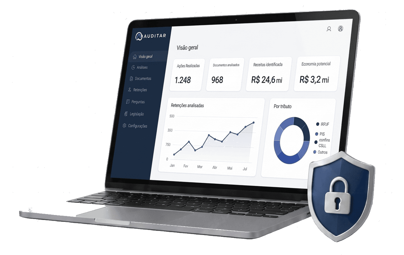 Painel da plataforma Auditar mostrado em um notebook, com indicadores de ações realizadas, documentos verificados, retenções identificadas e economia potencial
